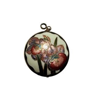 Vintage Cloisonne Iris Flower Pendant Enamel Gold Tone Round Art Nouveau